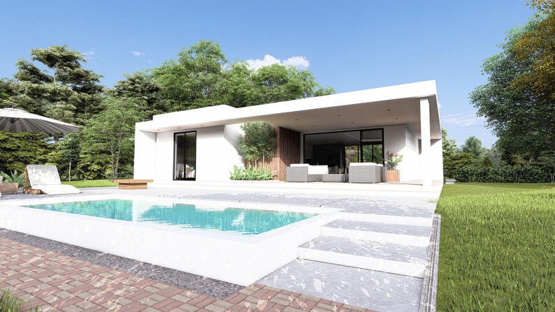 May include: A contemporary white house with a swimming pool, patio furniture, and a green lawn. The house features large windows and a covered patio. Trees and a blue sky are visible in the background.