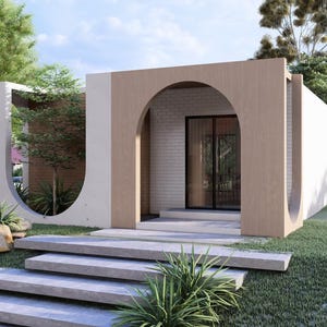 Puede incluir: Representaci&oacute;n arquitect&oacute;nica moderna de una casa minimalista con techo plano. El exterior presenta paredes beige y blancas, una entrada arqueada y grandes puertas de vidrio. El paisajismo incluye escaleras, c&eacute;sped y &aacute;rboles.