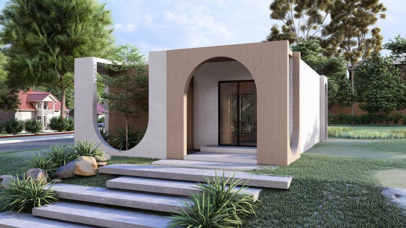 Puede incluir: Representaci&oacute;n arquitect&oacute;nica moderna de una casa minimalista con techo plano. El exterior presenta paredes beige y blancas, una entrada arqueada y grandes puertas de vidrio. El paisajismo incluye escaleras, c&eacute;sped y &aacute;rboles.