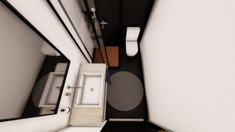 May include: An overhead view of a modern bathroom with a white toilet, sink, and shower. The floor is black, with a gray circular rug. A wooden bench is near the shower. The walls are white and black.