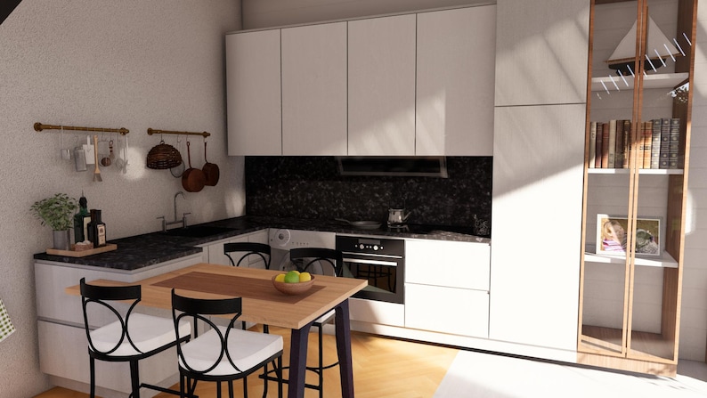 K&ouml;nnte beinhalten: Eine moderne K&uuml;che mit wei&szlig;en Schr&auml;nken, einer schwarzen Arbeitsplatte und einem Esstisch aus Holz. Die K&uuml;che verf&uuml;gt &uuml;ber einen Einbaubackofen, ein Kochfeld und ein Edelstahlbecken. Ein Holzregal zeigt B&uuml;cher und Dekorationsartikel.