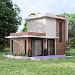 Könnte beinhalten: Ein modernes zweistöckiges Haus mit Flachdach und Holzverkleidung. Das Haus hat große Fenster und Türen und ist von einem grünen Rasen und Bäumen umgeben. Die Fassade zeigt eine Kombination aus Weiß, Holz und dunklen Akzenten.