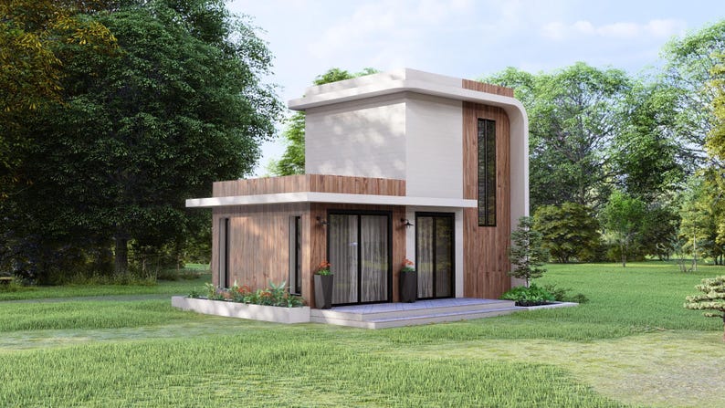 Op de afbeelding: Een modern huis met twee verdiepingen, een plat dak en houten panelen. Het huis heeft grote ramen en deuren en is omgeven door een groen gazon en bomen. De buitenkant heeft een combinatie van witte, houten en donkere accenten.