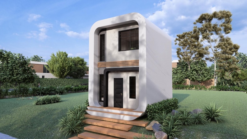 Puede incluir: Una casa moderna de dos pisos con un exterior blanco redondeado. La casa tiene ventanas negras y una puerta principal negra. Est&aacute; rodeada de hierba verde, arbustos y &aacute;rboles. Unos escalones de madera conducen a la puerta.