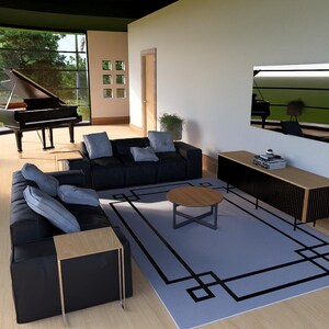 May include: A modern living room with a grand piano, black sectional sofa, and a light blue rug. The room features large windows with a view of lush greenery, a wooden coffee table, and a black and gold floor lamp.