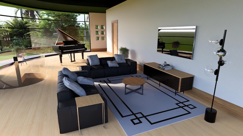 May include: A modern living room with a grand piano, black sectional sofa, and a light blue rug. The room features large windows with a view of lush greenery, a wooden coffee table, and a black and gold floor lamp.