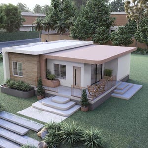 Puede incluir: Una casa moderna de una sola planta con techo plano y fachada marr&oacute;n claro. La casa tiene un peque&ntilde;o porche con sillas y est&aacute; rodeada de c&eacute;sped verde y &aacute;rboles. La casa tiene un exterior blanco y revestimiento de madera marr&oacute;n claro.