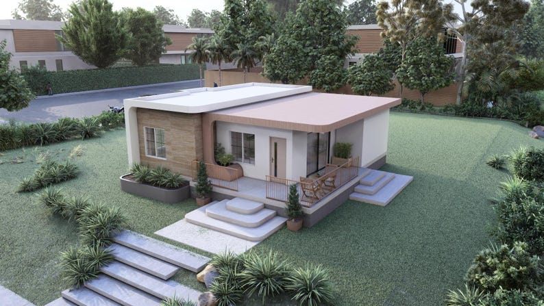 Puede incluir: Una casa moderna de una sola planta con techo plano y fachada marr&oacute;n claro. La casa tiene un peque&ntilde;o porche con sillas y est&aacute; rodeada de c&eacute;sped verde y &aacute;rboles. La casa tiene un exterior blanco y revestimiento de madera marr&oacute;n claro.