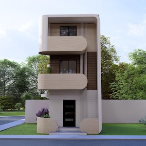 Pode incluir: Uma casa moderna de três andares com um design único. O exterior apresenta uma estrutura branca com varandas de madeira clara e um detalhe em madeira escura. A porta da frente é preta e há um pequeno jardim com flores roxas. A casa é rodeada por relva verde e árvores.