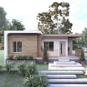 May include: A modern, single-story house with a flat roof and a small porch. The exterior features a combination of light brown and white siding, with a wooden door and trim. Landscaping includes green bushes and a small lawn.