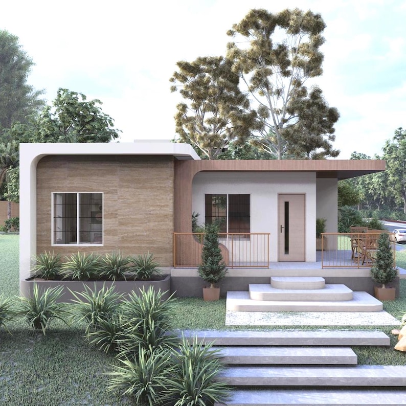 Puede incluir: Una casa moderna de una sola planta con techo plano y un peque&ntilde;o porche. El exterior presenta una combinaci&oacute;n de revestimiento marr&oacute;n claro y blanco, con una puerta y molduras de madera. El paisajismo incluye arbustos verdes y un peque&ntilde;o c&eacute;sped.