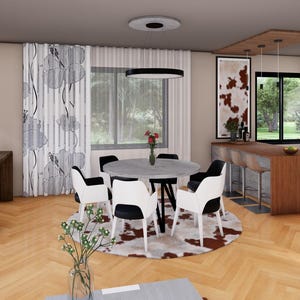 Peut inclure: Une salle &agrave; manger moderne avec une table ronde et six chaises. La table est pos&eacute;e sur un tapis en peau de vache. La pi&egrave;ce dispose de parquet, de grandes fen&ecirc;tres et d'un coin cuisine avec un bar.
