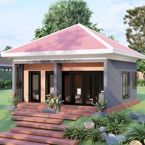May include: A small, modern house with a red roof and gray siding. The house has a wooden deck with steps leading up to the front door. There are plants and trees in the yard.