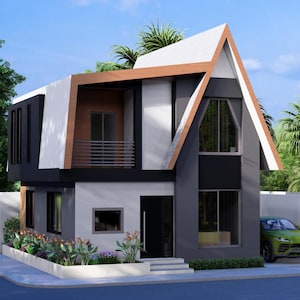 Peut inclure: Une maison moderne &agrave; deux &eacute;tages avec un design architectural unique. La maison pr&eacute;sente une palette de couleurs noire, blanche et marron, avec un toit en A distinctif. Une voiture verte est gar&eacute;e devant la maison, et une v&eacute;g&eacute;tation luxuriante entoure la propri&eacute;t&eacute;.