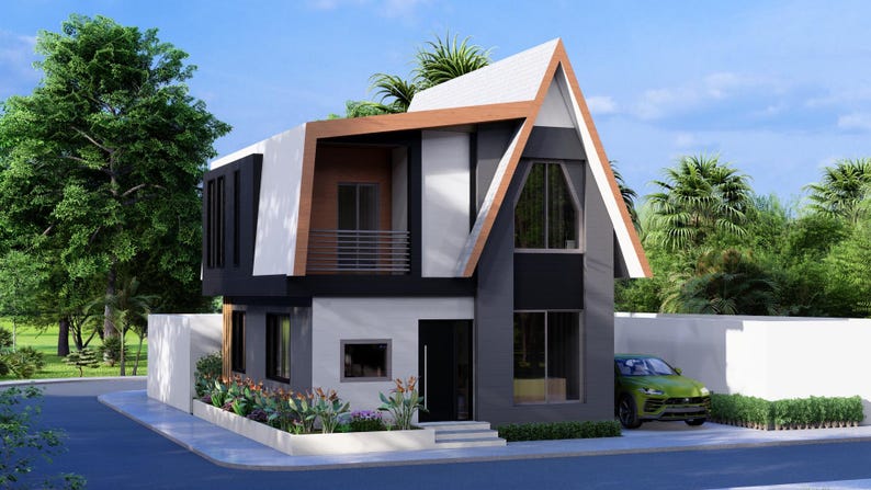Peut inclure: Une maison moderne &agrave; deux &eacute;tages avec un design architectural unique. La maison pr&eacute;sente une palette de couleurs noire, blanche et marron, avec un toit en A distinctif. Une voiture verte est gar&eacute;e devant la maison, et une v&eacute;g&eacute;tation luxuriante entoure la propri&eacute;t&eacute;.
