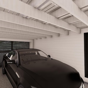 K&ouml;nnte beinhalten: Ein schwarzes Auto steht in einer wei&szlig;en Garage. Die Garage hat eine schwarze T&uuml;r und ein schwarzes Garagentor. Die Decke hat wei&szlig;e Balken. Die W&auml;nde sind wei&szlig;.