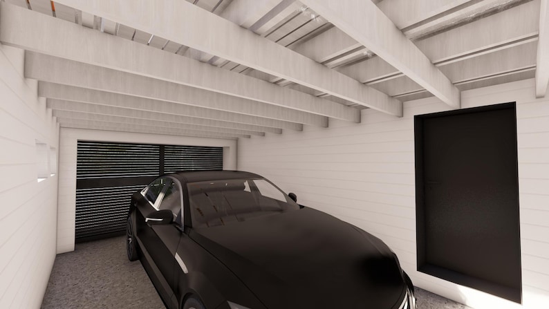 K&ouml;nnte beinhalten: Ein schwarzes Auto steht in einer wei&szlig;en Garage. Die Garage hat eine schwarze T&uuml;r und ein schwarzes Garagentor. Die Decke hat wei&szlig;e Balken. Die W&auml;nde sind wei&szlig;.