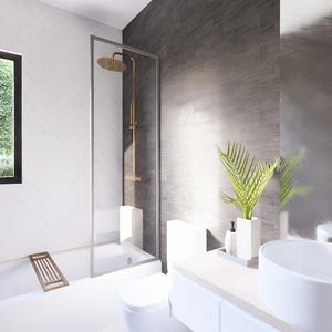 Op de afbeelding: Modern badkamerinterieur met witte muren en een groot raam. Voorzien van een douche met glazen wand, een wit bad, een zwevende wastafel met een witte ovale waskom en een toilet. Een plant voegt een vleugje natuur toe.