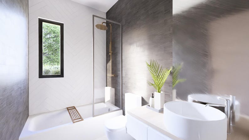Op de afbeelding: Modern badkamerinterieur met witte muren en een groot raam. Voorzien van een douche met glazen wand, een wit bad, een zwevende wastafel met een witte ovale waskom en een toilet. Een plant voegt een vleugje natuur toe.