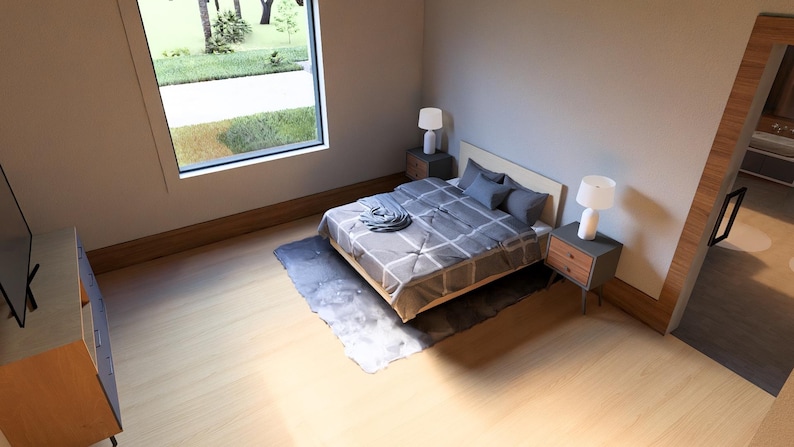 May include: Bedroom interior with a bed, nightstands, and a large window. The bed has a gray and white patterned comforter and pillows. Two nightstands with lamps flank the bed. A rug sits beneath the bed.