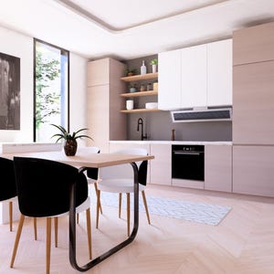 Puede incluir: Cocina y comedor modernos con suelo de madera clara. Cuenta con una mesa de comedor con sillas negras y blancas, un horno empotrado y armarios blancos. Una gran ventana proporciona luz natural.
