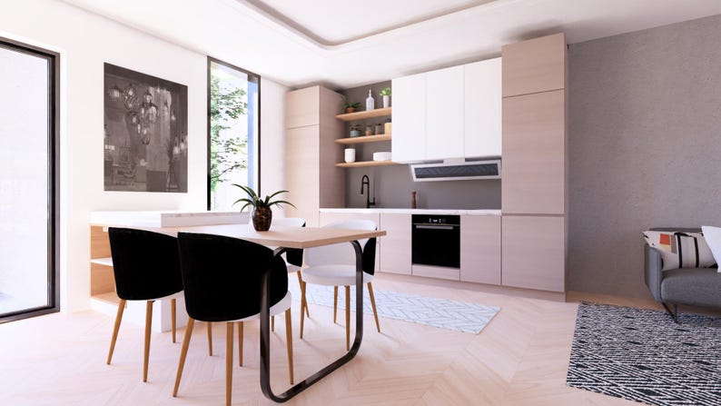 Puede incluir: Cocina y comedor modernos con suelo de madera clara. Cuenta con una mesa de comedor con sillas negras y blancas, un horno empotrado y armarios blancos. Una gran ventana proporciona luz natural.