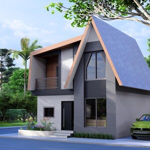 Peut inclure: Une maison moderne &agrave; deux &eacute;tages avec un ext&eacute;rieur gris, un toit bleu et un accent marron. La maison a de grandes fen&ecirc;tres et un petit balcon. Une voiture verte est gar&eacute;e devant la maison, et une verdure luxuriante entoure la propri&eacute;t&eacute;.