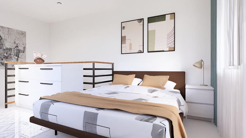 May include: A contemporary bedroom scene featuring a bed, bedside table, and artwork. The bed has a brown headboard, beige pillows, and a patterned duvet cover. A tan throw is draped across the bed. Two framed abstract art pieces are on the wall.