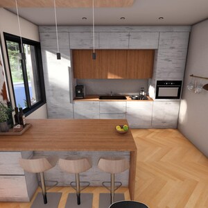 Peut inclure: Int&eacute;rieur de cuisine moderne avec un &icirc;lot central en bois et trois tabourets. La cuisine comprend des meubles gris clair, un mur d'accent en bois et un four noir. Une &oelig;uvre d'art encadr&eacute;e est accroch&eacute;e au mur et une fen&ecirc;tre laisse entrer la lumi&egrave;re naturelle.