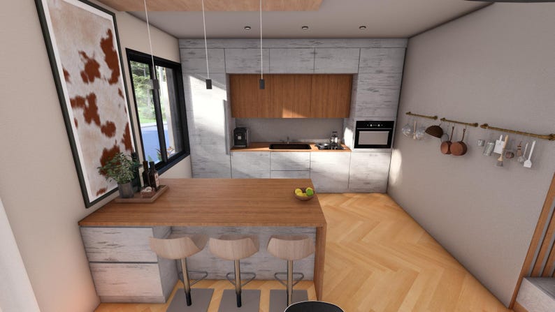 Peut inclure: Int&eacute;rieur de cuisine moderne avec un &icirc;lot central en bois et trois tabourets. La cuisine comprend des meubles gris clair, un mur d'accent en bois et un four noir. Une &oelig;uvre d'art encadr&eacute;e est accroch&eacute;e au mur et une fen&ecirc;tre laisse entrer la lumi&egrave;re naturelle.