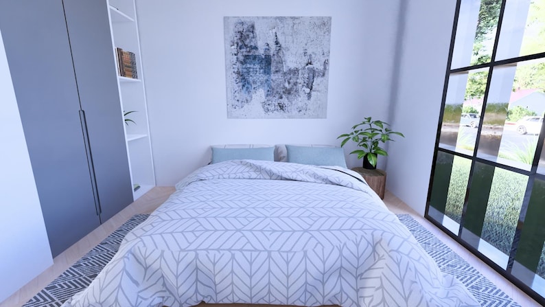 Peut inclure: Chambre moderne avec un lit recouvert d'une couette &agrave; motifs blancs et gris. Deux oreillers bleu clair reposent contre la t&ecirc;te de lit. Une grande fen&ecirc;tre &agrave; encadrement noir est &agrave; droite. Une armoire grise et une &eacute;tag&egrave;re blanche sont &agrave; gauche.