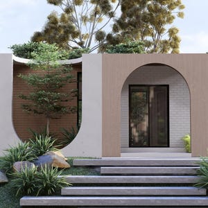 Puede incluir: Un dise&ntilde;o arquitect&oacute;nico moderno con un edificio de perfil bajo con una fachada curva y una entrada arqueada. La estructura est&aacute; pintada en tonos neutros y rodeada de exuberante vegetaci&oacute;n, incluyendo &aacute;rboles, arbustos y un c&eacute;sped bien cuidado. Un conjunto de escalones de hormig&oacute;n conduce a la entrada.
