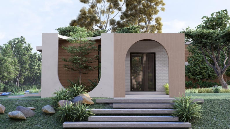 Puede incluir: Un dise&ntilde;o arquitect&oacute;nico moderno con un edificio de perfil bajo con una fachada curva y una entrada arqueada. La estructura est&aacute; pintada en tonos neutros y rodeada de exuberante vegetaci&oacute;n, incluyendo &aacute;rboles, arbustos y un c&eacute;sped bien cuidado. Un conjunto de escalones de hormig&oacute;n conduce a la entrada.