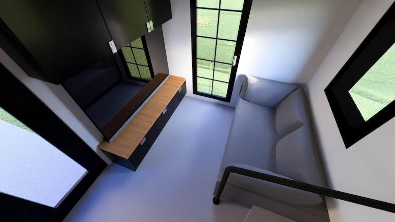 以下が含まれることがあります： グレーのソファ、黒いキャビネット、木製のカウンタートップを備えたモダンなリビングスペースのインテリアレンダリング。 部屋には黒いフレームの大きな窓があり、床は明るいグレーです。 全体的なデザインはミニマリストで現代的です。