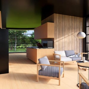 May include: Modern living room with light wood flooring and paneling. Features include a black refrigerator, a gray sofa, and two armchairs with gray cushions. A round coffee table and a large window overlooking a green landscape complete the scene.