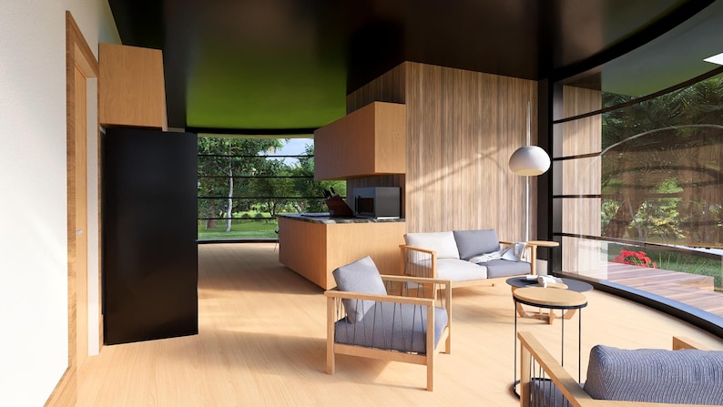 May include: Modern living room with light wood flooring and paneling. Features include a black refrigerator, a gray sofa, and two armchairs with gray cushions. A round coffee table and a large window overlooking a green landscape complete the scene.