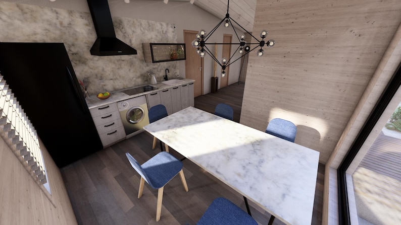 Puede incluir: Vista interior de una cocina y comedor modernos. Cuenta con una mesa de comedor con tapa de m&aacute;rmol y sillas azules, una cocina con lavadora y una campana extractora negra. Una l&aacute;mpara decorativa cuelga sobre la mesa.