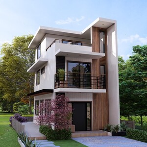 May include: A modern, multi-story house with a white exterior, wooden accents, and black framed windows. The house has a balcony with a black railing and is surrounded by lush greenery and a paved driveway. The sky is blue with some clouds.