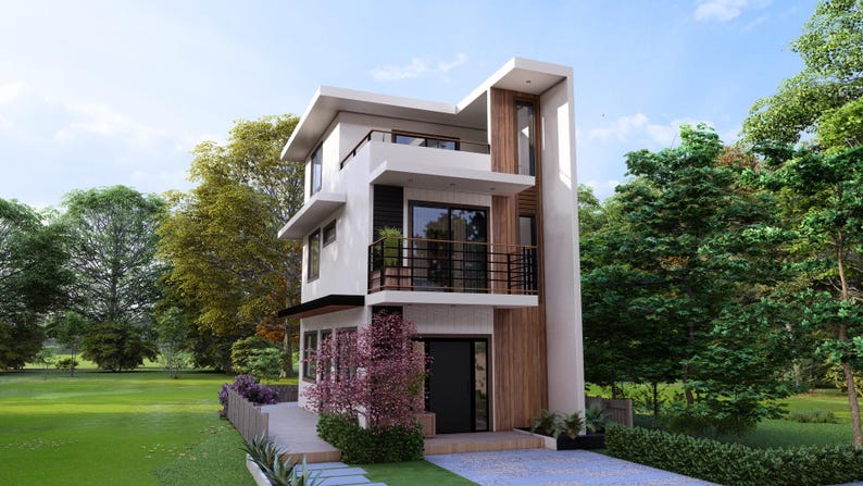 May include: A modern, multi-story house with a white exterior, wooden accents, and black framed windows. The house has a balcony with a black railing and is surrounded by lush greenery and a paved driveway. The sky is blue with some clouds.