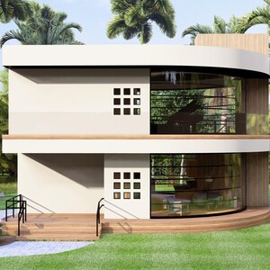 May include: A modern two-story house with a curved glass facade, surrounded by lush green grass and palm trees. The house features a white exterior with wooden accents and a small square window design. A car port and a walkway are visible.