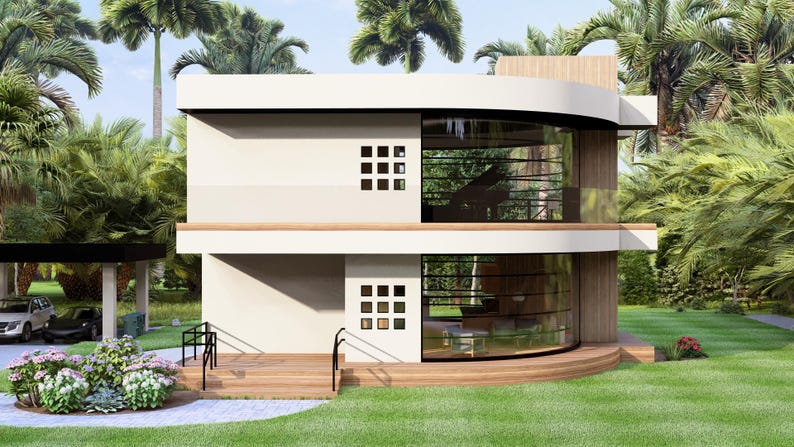 May include: A modern two-story house with a curved glass facade, surrounded by lush green grass and palm trees. The house features a white exterior with wooden accents and a small square window design. A car port and a walkway are visible.