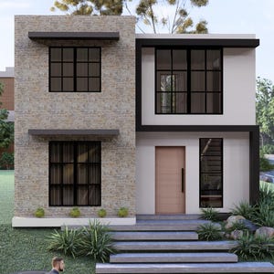May include: A modern two-story house with a stone facade on the left and white siding on the right. The house has black-framed windows and a light brown front door. Landscaping includes grass, bushes, and a stone walkway leading to the entrance.