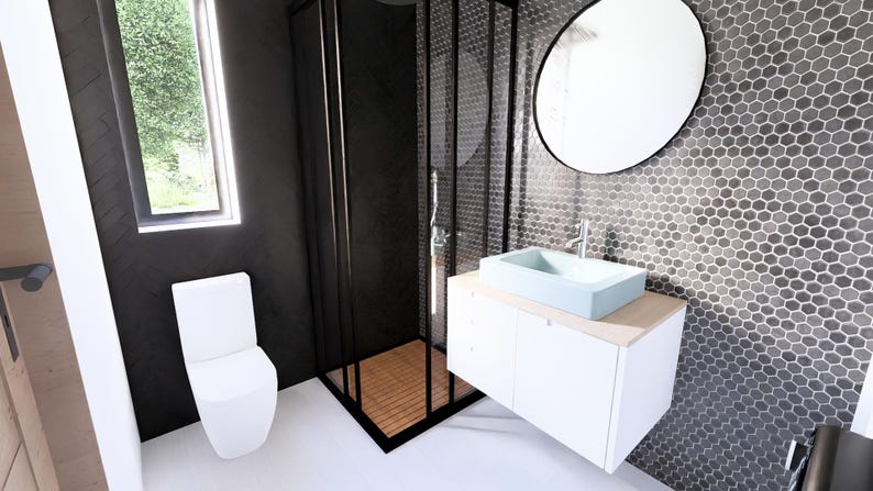 May include: Contemporary bathroom design featuring a white toilet, a black shower enclosure, and a light blue rectangular sink. The walls are dark with a hexagonal tile pattern. A round mirror is above the sink, and a window is visible.