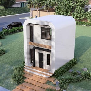 Puede incluir: Una casa blanca moderna de dos pisos con techo curvo y pasarela de madera que conduce a la puerta principal. La casa tiene puertas y ventanas negras, rodeada de c&eacute;sped verde y paisajismo.
