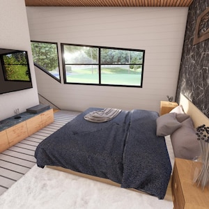 K&ouml;nnte beinhalten: Ein modernes Schlafzimmer mit einem gro&szlig;en Bett, das mit einer dunkelblauen Decke bedeckt ist. Der Raum verf&uuml;gt &uuml;ber einen gro&szlig;en Flachbildfernseher, eine Holzt&uuml;r mit Fischgr&auml;tmuster und eine Wand mit Marmormuster. Gro&szlig;e Fenster spenden Tageslicht.