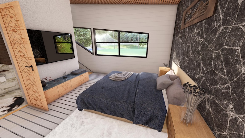 K&ouml;nnte beinhalten: Ein modernes Schlafzimmer mit einem gro&szlig;en Bett, das mit einer dunkelblauen Decke bedeckt ist. Der Raum verf&uuml;gt &uuml;ber einen gro&szlig;en Flachbildfernseher, eine Holzt&uuml;r mit Fischgr&auml;tmuster und eine Wand mit Marmormuster. Gro&szlig;e Fenster spenden Tageslicht.