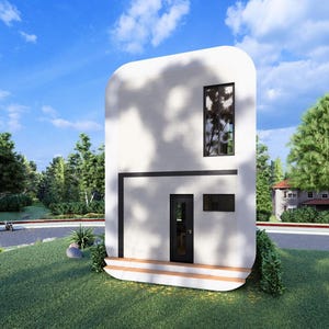 Puede incluir: Una casa blanca moderna y minimalista con la parte superior e inferior redondeadas. La casa tiene una puerta, ventana y molduras negras. La casa est&aacute; rodeada de hierba verde, &aacute;rboles y cielo azul.