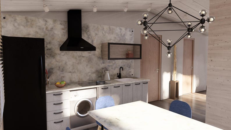 Puede incluir: Una cocina moderna con gabinetes gris claro, un refrigerador negro y una campana extractora negra. Una lavadora est&aacute; integrada en los gabinetes. Una l&aacute;mpara de ara&ntilde;a geom&eacute;trica cuelga sobre una mesa blanca y sillas azules.