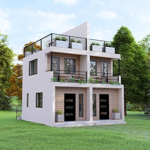 May include: A modern two-storey duplex with a white exterior, black doors, and balconies. The building has a flat roof with a black railing and planters. The property is surrounded by green grass and trees.