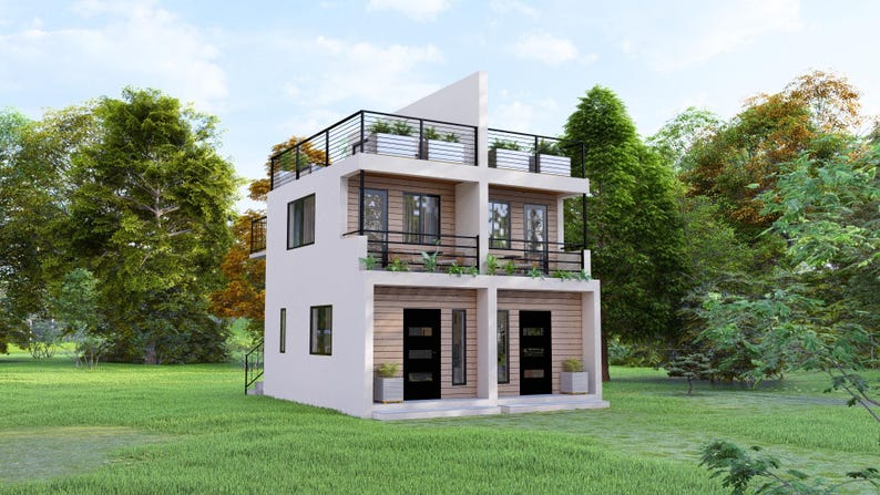 May include: A modern two-storey duplex with a white exterior, black doors, and balconies. The building has a flat roof with a black railing and planters. The property is surrounded by green grass and trees.